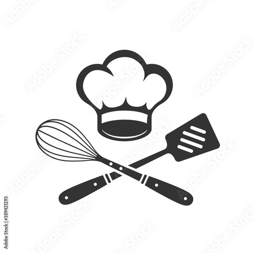 Chef Hat with cooking whisk and spatula. Label, badge, poster for food studio, cooking courses, culinary school. Cooking Class logo. Vector illustration
