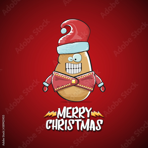 vector rock star Santa Claus potato funny cartoon cute character with red Santa hat and calligraphic merry Christmas text isolated on the red background. Rock n roll funky Christmas party banner