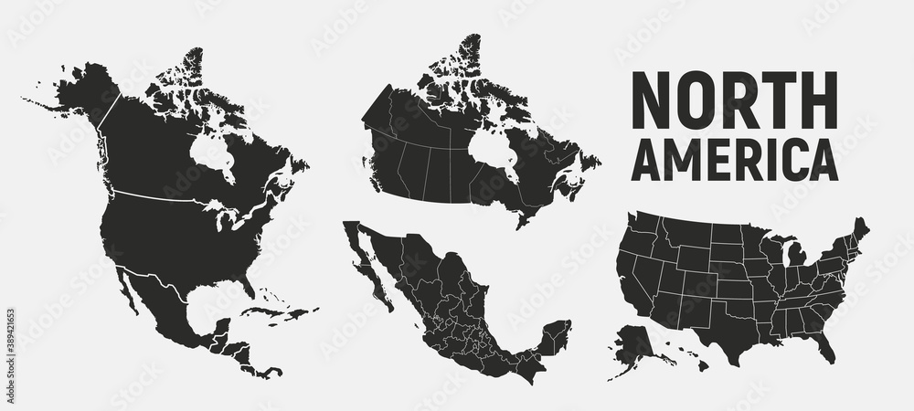 Naklejka premium North America map templates. USA, Canada and Mexico map isolated on white background. North America maps set. Vector illustration