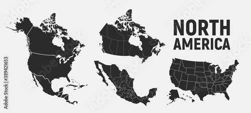 North America map templates. USA, Canada and Mexico map isolated on white background. North America maps set. Vector illustration