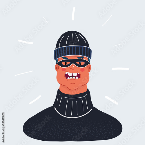 Vector illustration of outlaw man portrate, wearing balaclava and mask isolated on white. Angry face expressin of criminal male character.