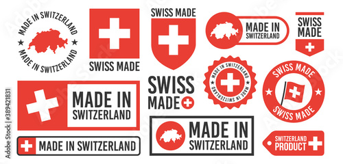 Large set of Made in Switzerland labels, signs. Swiss made badges set. Switzerlands stamp templates. Vector illustration.