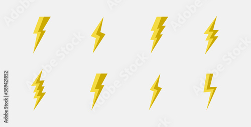 Set of 8 thunderbolts icons. Lightning icons isolated on white background. Vector illustration