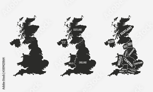 UK map set. United Kingdom maps with country and regions names. UK background. Vector illustration 