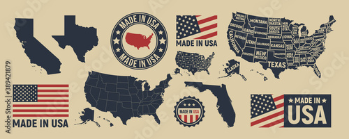 Vector USA map, label, logo. USA patriotic set. United States vintage typography. Texas, California, Florida map. United States of America blank and poster map. Print for t-shirt. Poster for pub, bar.