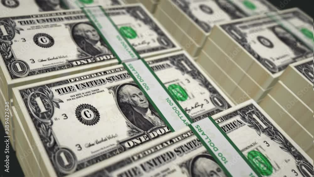 Dollar money pack loop 3d animation. Loopable seamless concept of finance, cash, economy crisis, business success, recession, bank, tax and debt. Camera moving over the one USD banknote bundle stacks. Dollar money pack loop 3d animation. Loopable seamless concept of finance, cash, economy crisis, business success, recession, bank, tax and debt. Camera moving over the one USD banknote bundle stacks.