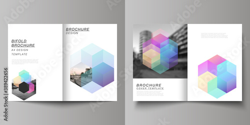 Vector layout of two A4 format cover mockups design templates with colorful hexagons, geometric shapes, tech background for bifold brochure, flyer, magazine, cover design, book design, brochure cover.