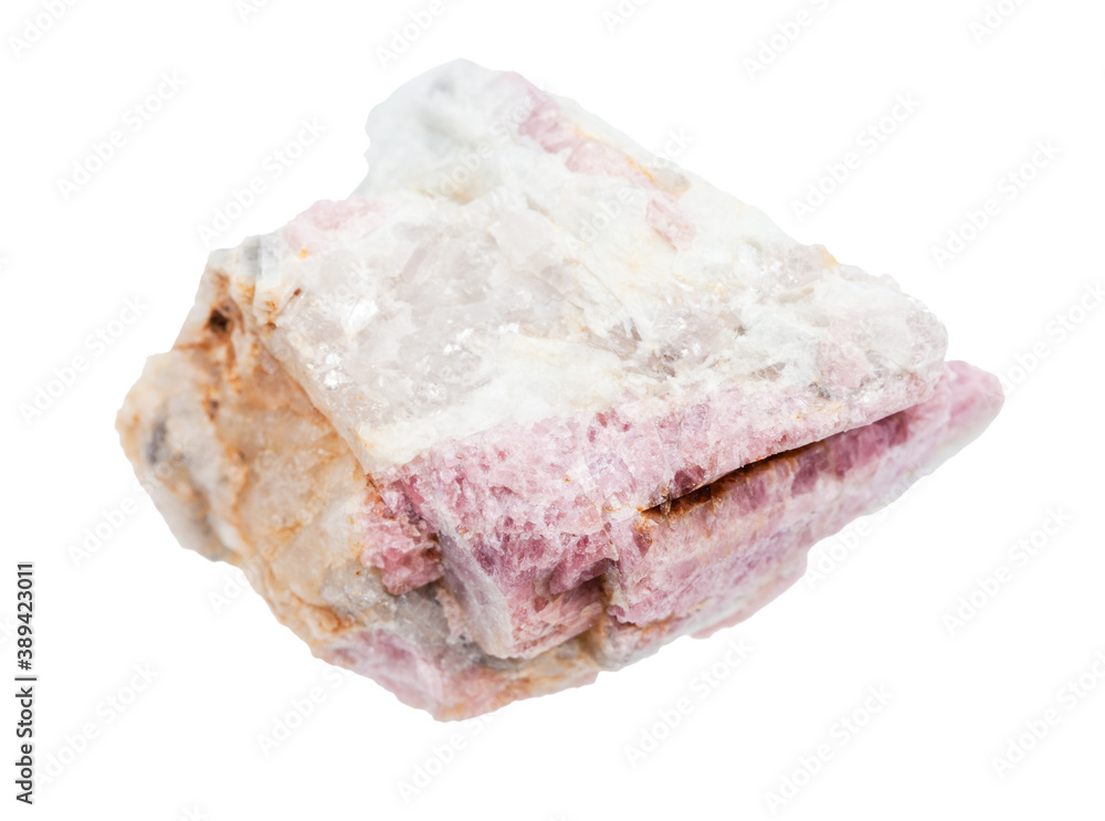 macro photography of sample of natural mineral from geological collection - raw pink Tourmaline mineral in feldspar and quartz rock isolated on white background macro photography of sample of natural mineral from geological collection - raw pink Tourmaline mineral in feldspar and quartz rock isolated on white background