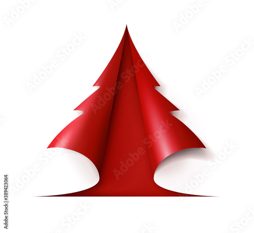 Red Christmas tree cut out of white paper. Design for holiday cards. Modern abstract xmas. Glossy element vector illustration.