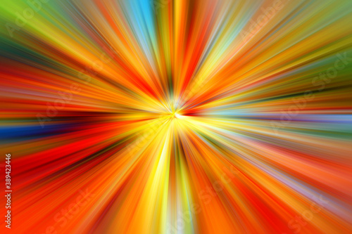 Abstract surface of radial blur zoom in orange, red, green tones. Bright colorful background with radial, diverging, converging lines. Abstract background with autumn colors.