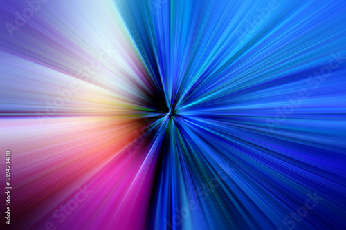 Abstract surface of radial blur zoom in blue, pink tones. Bright colorful background with radial, diverging, converging lines.