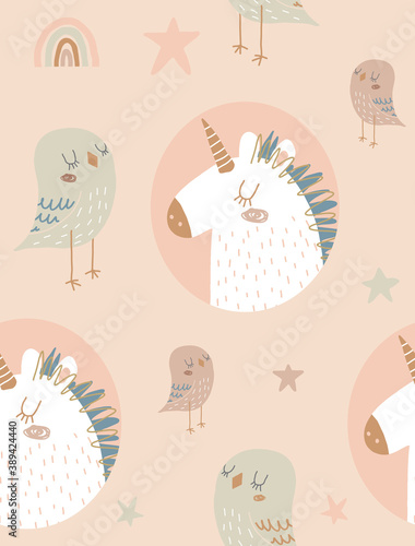 Funny Hand Drawn Seamless Vector Pattern with Cute Little Birds nad White Unicors Isolated on a Light Beige Background. Simple Infantile Style Nursery Art ideal for Card,Fabric. Magic World Print.