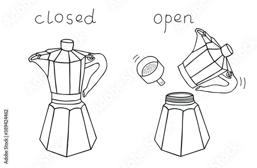 Classic italian metal coffee pot. Open and closed coffee maker hand drawn vector opposites illustration sketch