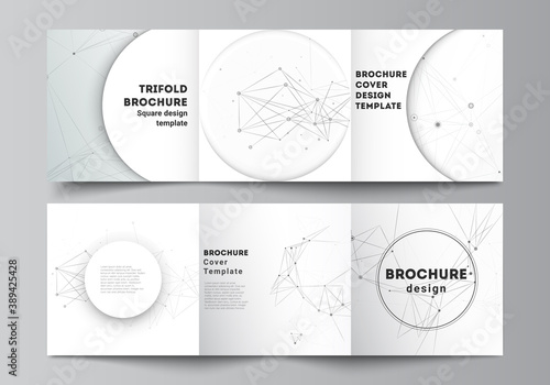 Vector layout of square covers templates for trifold brochure, flyer, cover design, book design, brochure cover. Gray technology background with connecting lines and dots. Network concept