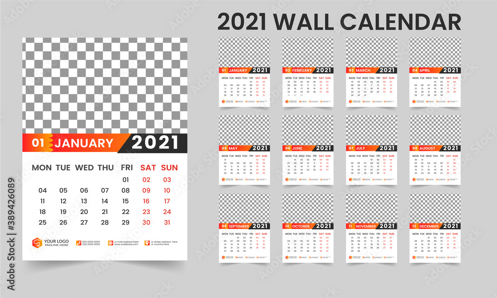 Wall Calendar 2021 Design - 12 months included a place for photo and company logo - Week begin on Monday Wall Calendar 2021 Design - 12 months included a place for photo and company logo - Week begin on Monday