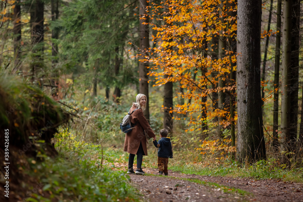 mother and son walk through the forest in autumn