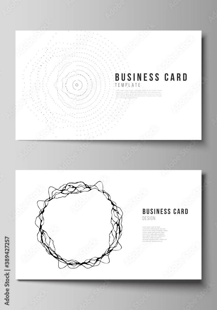 The minimalistic abstract vector illustration of editable layout of two creative business cards design templates. Trendy modern science or technology background with dynamic particles. Cyberspace grid The minimalistic abstract vector illustration of editable layout of two creative business cards design templates. Trendy modern science or technology background with dynamic particles. Cyberspace grid