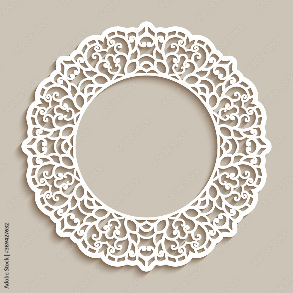 Circle frame with ornamental lace border, cutout paper pattern, elegant