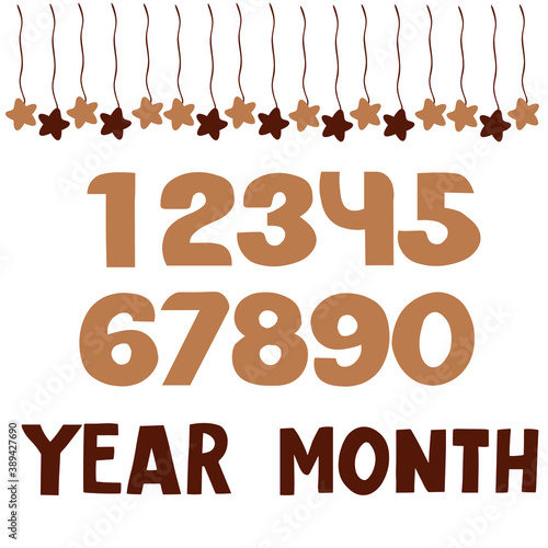 Baby shower invitation elements:  hand lettering numbers, year, month, stars garland. Vector illustration. Beige nude modern baby art
