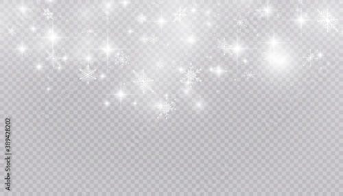 White snow flies on a transparent background. Christmas snowflakes. Winter blizzard background illustration.