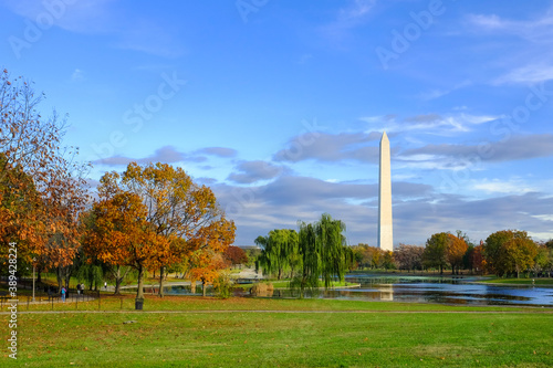 Washington Monument as seen from Constitution Garden in autumn foliage - Washington D.C. United States