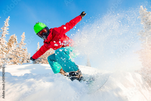 Obraz na płótnie Action snowboarder on snowboard rides on fresh snow in forest, dust explosion