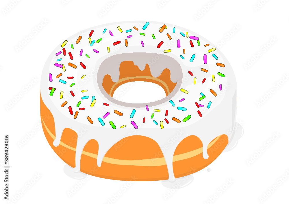 Dripping white glazed donut with sprinkles on top icon in cartoon style on a white background Dripping white glazed donut with sprinkles on top icon in cartoon style on a white background