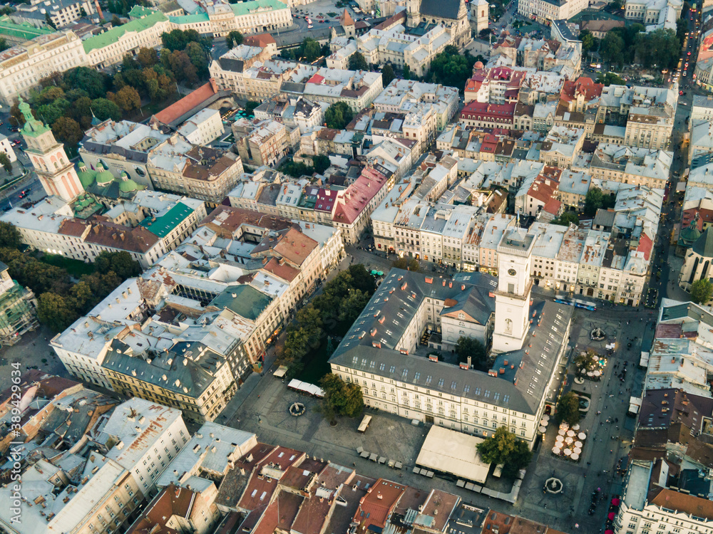 Fototapeta premium aerial view of city hall in lviv city