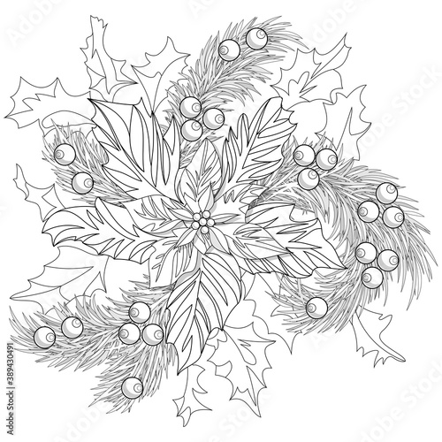 Coloring with a Christmas bouquet of poinsettia, spruce branches and Holly