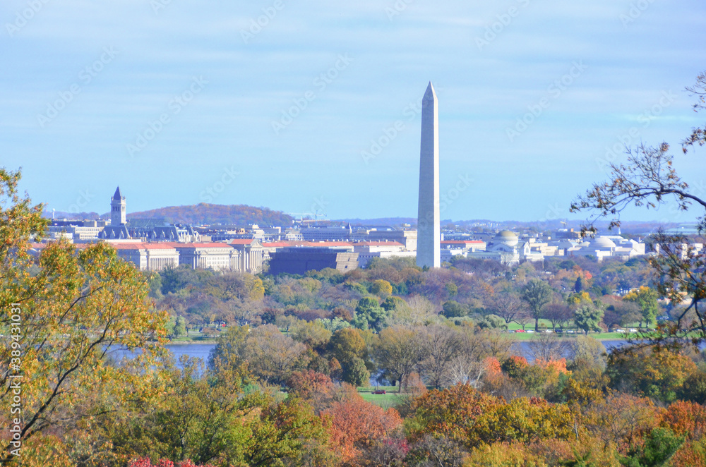 Washington D.C. in autumn - Washington Monument and other monumental buildings alongside Potomac River