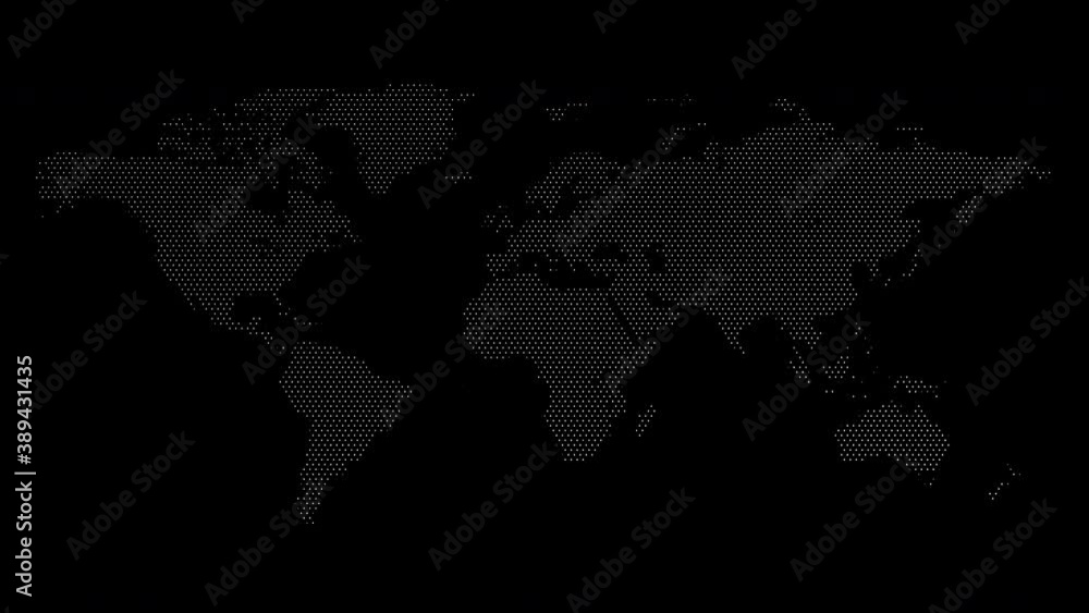 World map from particles, dots. Digital planet Earth. Abstract animation background.