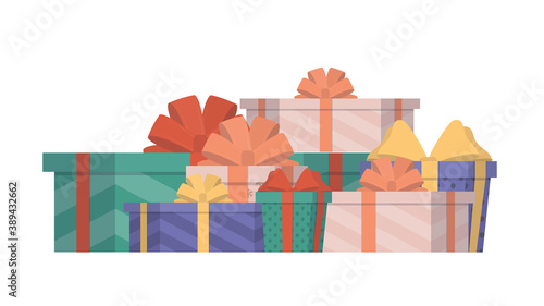 Lots of gifts. Multicolored gift boxes. Concept on the theme of New Year, Birthday and Valentine's Day. Vector.