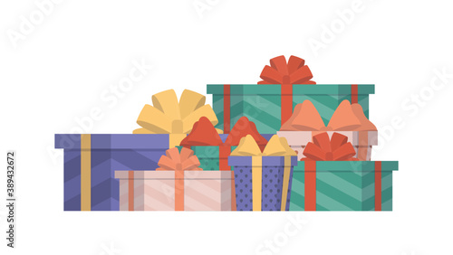 Lots of gifts. Multicolored gift boxes. Concept on the theme of New Year, Birthday and Valentine's Day. Vector.