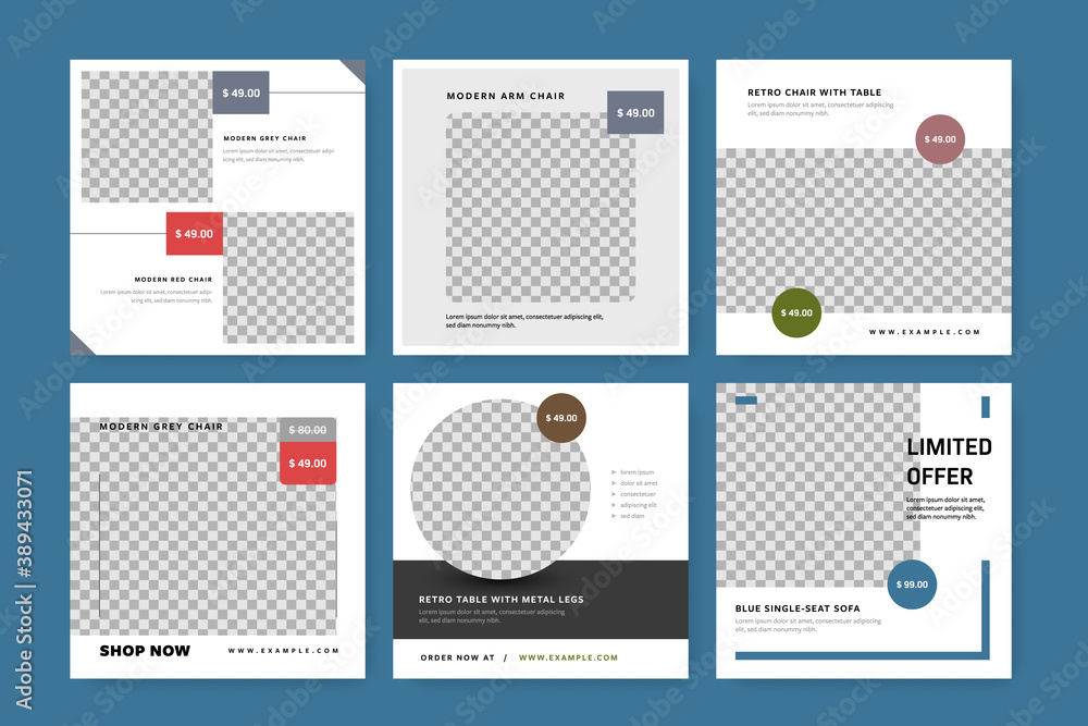 Product promotion social media templates with photo placeholders and price labels, instagram and facebook layouts for business Product promotion social media templates with photo placeholders and price labels, instagram and facebook layouts for business