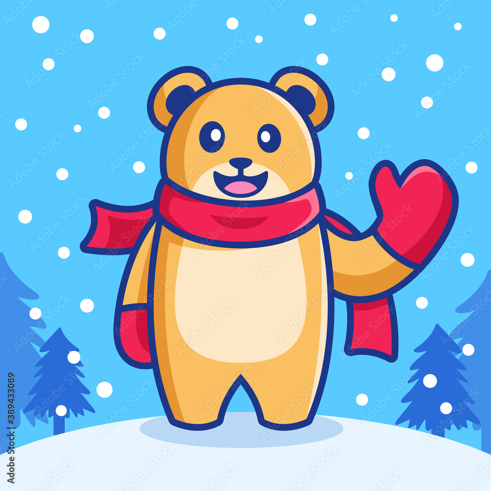 cute waving bear in snowfall winter season cute waving bear in snowfall winter season