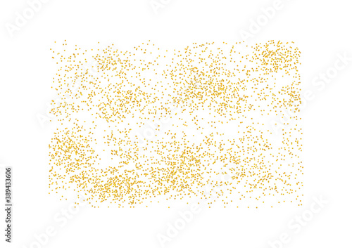 Rectangular backdrop Golden texture crumbs. Gold dust scattering on a white background. Particles grain or sand assembled. Vector shards, pieces abstraction. Illustration grunge textures for design