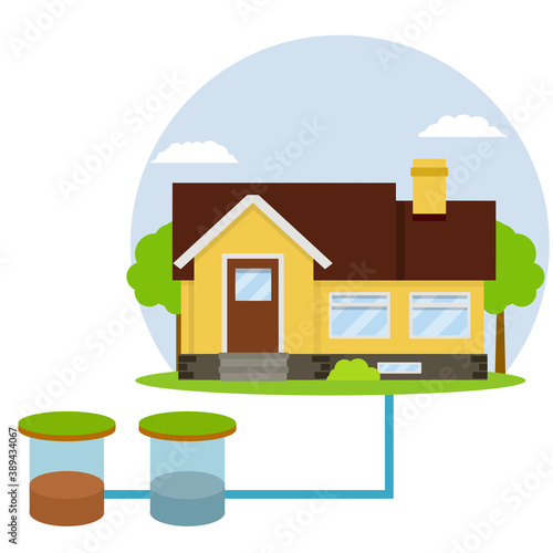 Scheme External network of suburban home sewage treatment system. house with brown roof. Cartoon flat illustration. Pipe, septic tanks, drainage