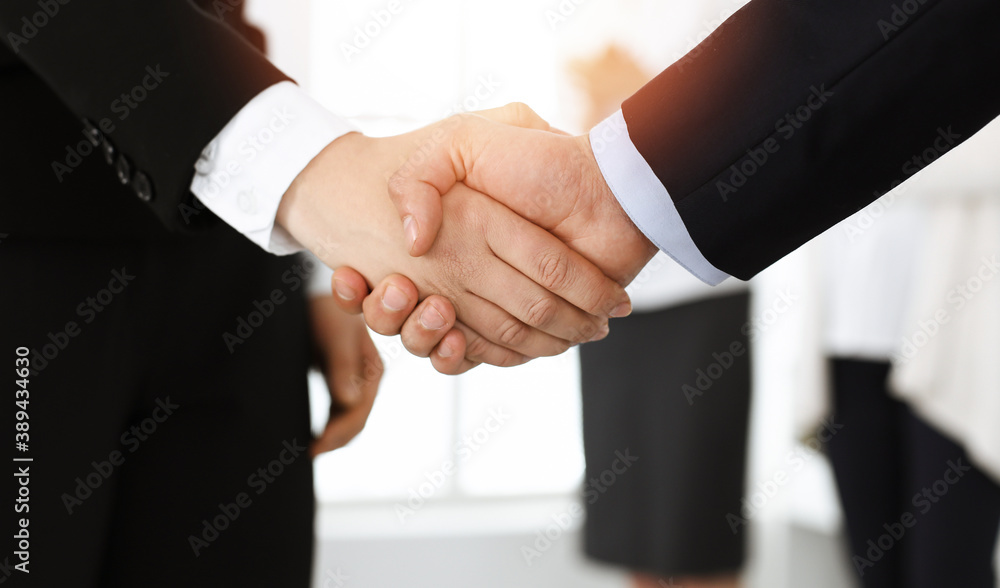 Businessman and woman shaking hands with colleagues at the background. Handshake at meeting in sunny office