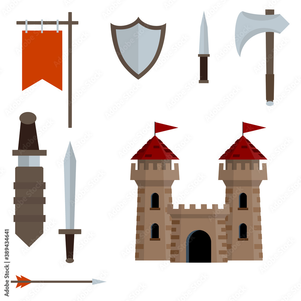 Medieval castle with tower, wall, gate, red roof. set of old weapons of knight - sword in scabbard, arrow, shield, flag, axe, dagger. European historical Armor and weapons. Cartoon flat illustration Medieval castle with tower, wall, gate, red roof. set of old weapons of knight - sword in scabbard, arrow, shield, flag, axe, dagger. European historical Armor and weapons. Cartoon flat illustration