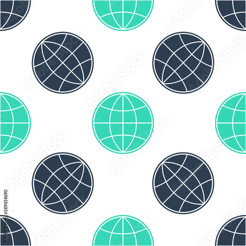 Green Earth globe icon isolated seamless pattern on white background. World or Earth sign. Global internet symbol. Geometric shapes. Vector.