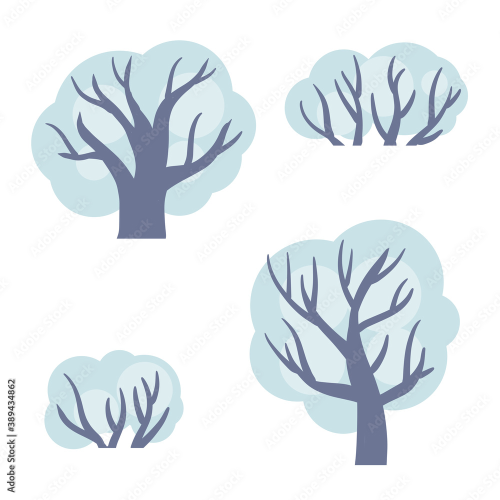 Obraz premium Set of winter trees. White snow on the branches. Element of forests, parks, nature. Cold Northern weather. Cartoon flat illustration