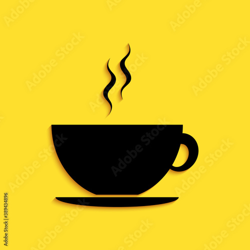 Black Coffee cup icon isolated on yellow background. Tea cup. Hot drink coffee. Long shadow style. Vector.