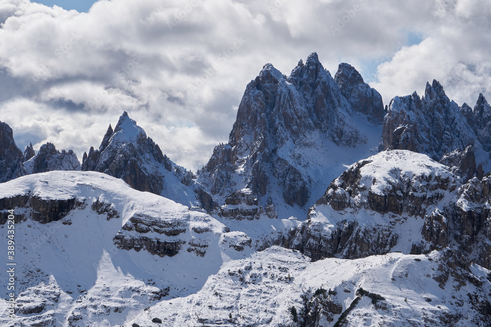 dolomite mountain ridge peaks near 3 zinnen, near three peaks with the first snow in october 2020