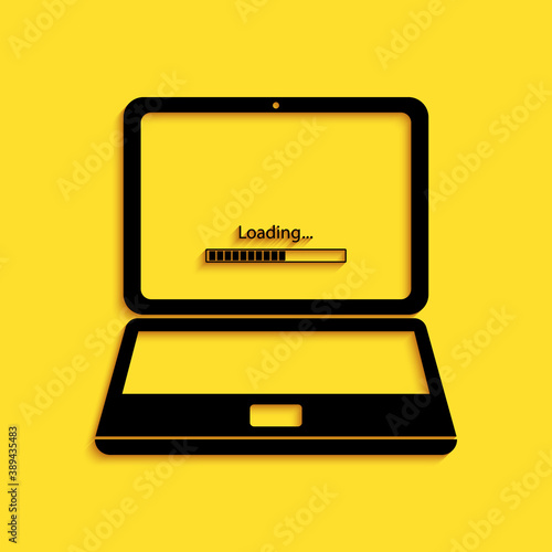 Black Laptop update process with loading bar icon isolated on yellow background. System software update. Loading process in laptop screen. Long shadow style. Vector.