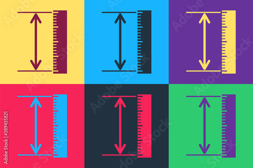 Pop art The measuring height and length icon isolated on color background. Ruler, straightedge, scale symbol. Geometrical instruments. Vector.