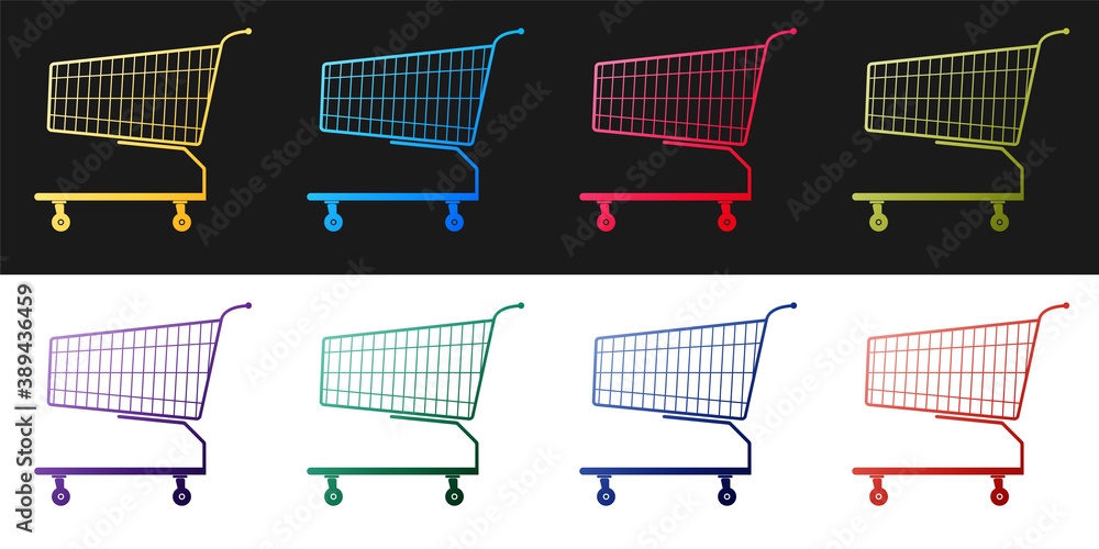 Set Shopping cart icon isolated on black and white background. Online buying concept. Delivery service sign. Supermarket basket symbol. Vector.