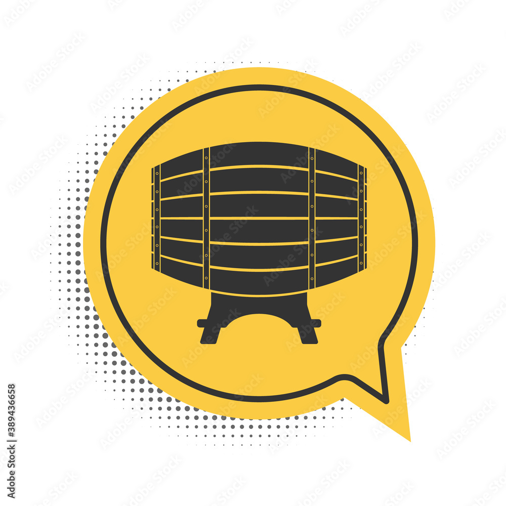 Black Wooden barrel on rack icon isolated on white background. Yellow speech bubble symbol. Vector. Black Wooden barrel on rack icon isolated on white background. Yellow speech bubble symbol. Vector.