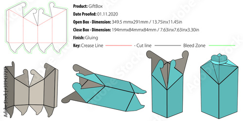 Gift box packaging design template gluing tapered semi auto lock die cut - vector