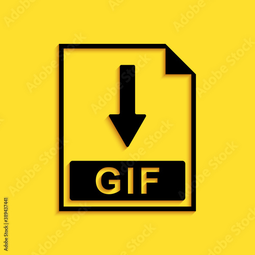 Black GIF file document icon. Download GIF button icon isolated on yellow background. Long shadow style. Vector.