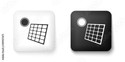 Black and white Solar energy panel and sun icon isolated on white background. Square button. Vector.